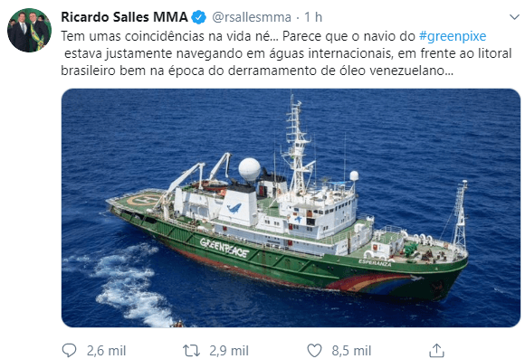 Ministro do Meio Ambiente destaca "coincidência" de navio do Greenpeace navegando "em frente ao litoral brasileiro bem na época do derramamento de óleo"