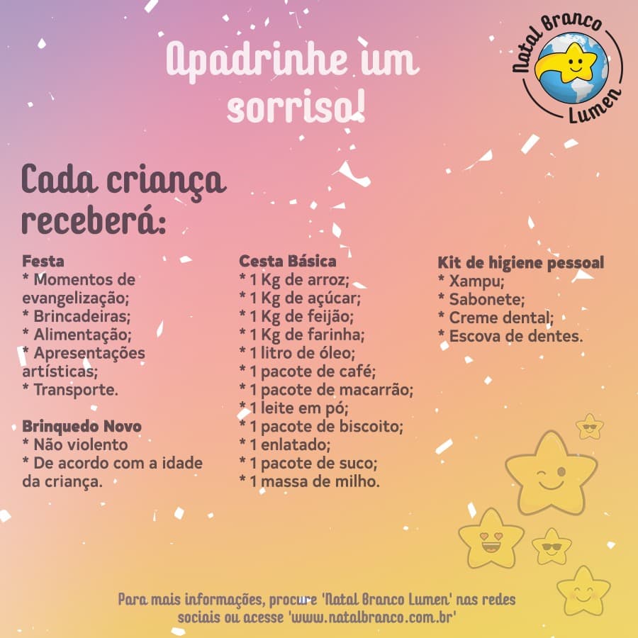 Natal Branco Lumen vai beneficiar mais de 400 crianças na capital e em Parnamirim; veja como ajudar