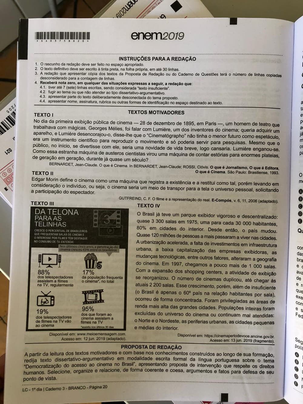 Foto da prova do Enem 2019 que circula nas redes sociais é real, diz Inep