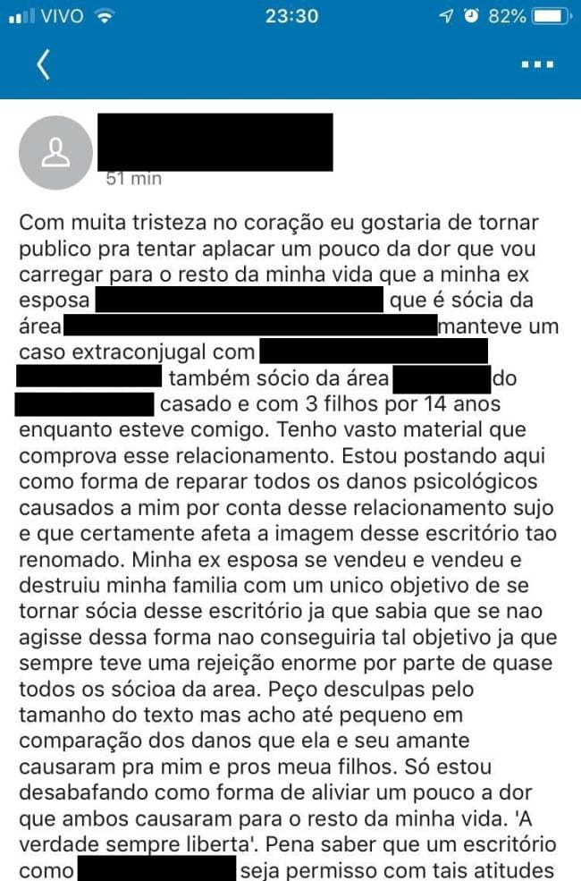 Marido traído detona escândalo em mega banca de advocacia no país