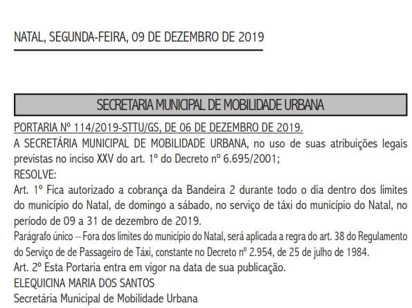Prefeitura autoriza taxistas de Natal a cobrarem bandeira 2 durante dezembro em qualquer horário