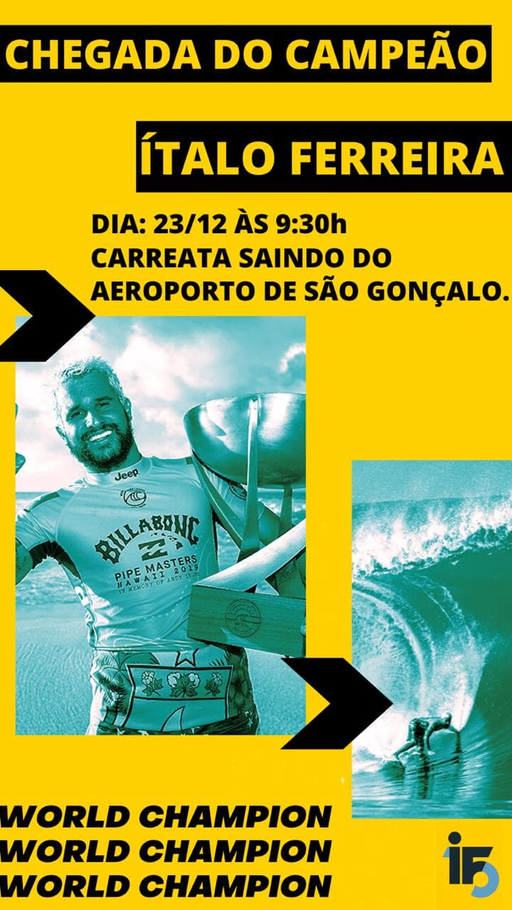 Carreata com a presença do surfista Ítalo Ferreira será nesta segunda-feira