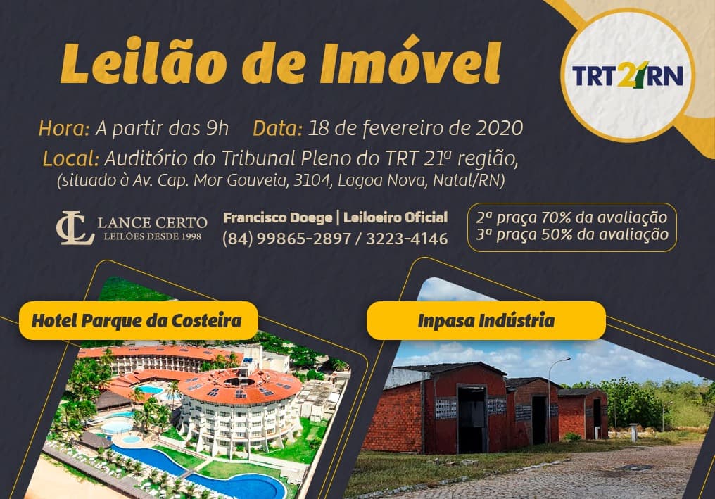 TRT-RN leiloa no dia 18, em Natal, o Hotel Parque da Costeira e a Inpasa Indústria