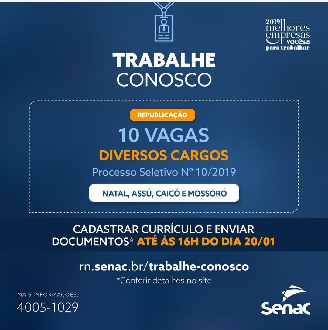 Senac-RN tem processo seletivo para 10 vagas de trabalho, em diversos cargos, em Natal, Assú, Caicó e Mossoró