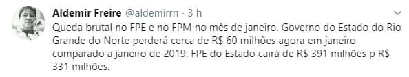 Secretário diz que RN perderá R$ 60 milhões de repasses do FPE em janeiro