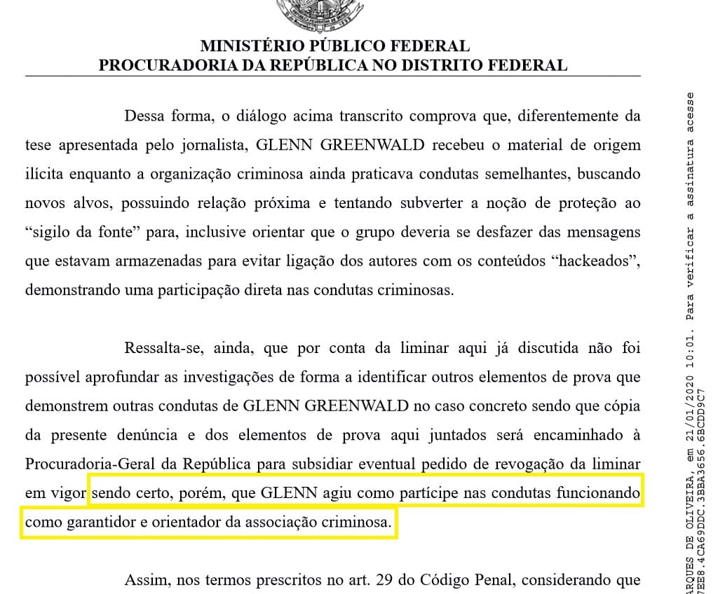 Greenwald agiu como ‘garantidor e orientador’ do grupo criminoso, diz MPF