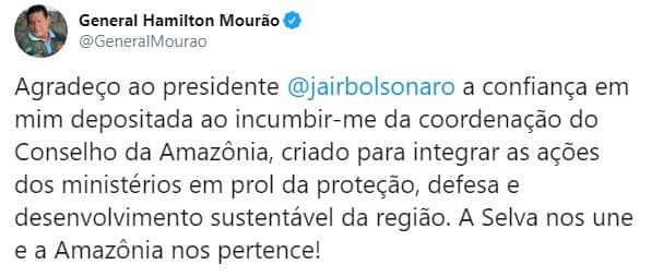 Mourão agradece missão de Bolsonaro, e diz: “A selva nos une e a Amazônia nos pertence!”