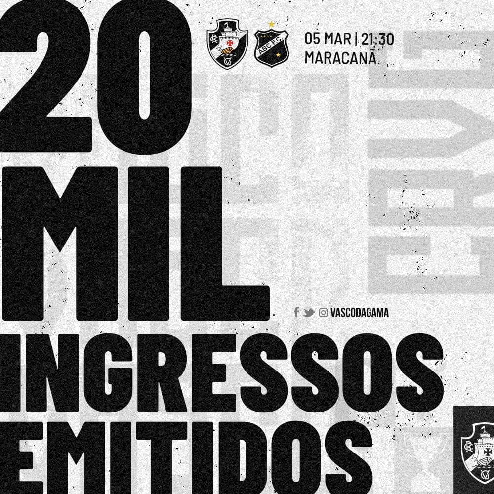 COPA DO BRASIL: Vasco informa 20 mil ingressos já emitidos para duelo contra o ABC no Maracanã, na próxima quinta, e convoca torcida para lotar estádio
