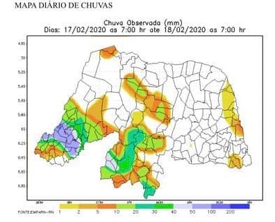 Chuvas foram registradas em grande volume nas últimas 24 horas em São Francisco do Oeste,  Francisco Dantas, Pau dos Ferros e outros municípios; veja mapa pluviométrico