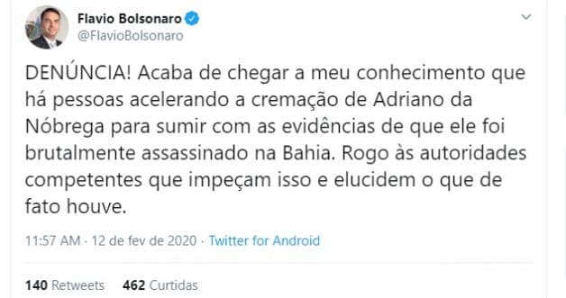 Flávio Bolsonaro alerta "denúncia" e pede que autoridades evitem cremação de Adriano Nóbrega, que teria objetivo de sumir evidências