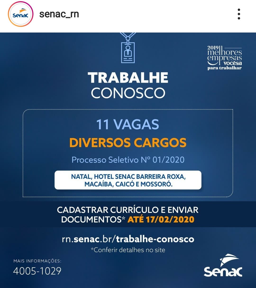 Senac abre processo seletivo com 11 vagas de trabalho em diversos cargos para Natal e interior