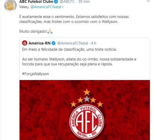 ABC agradece solidariedade do América por contusão de Wallyson