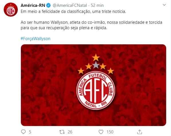 WALLYSON: América se solidariza com grave contusão e deseja "recuperação plena e rápida ao atleta do co-irmão
