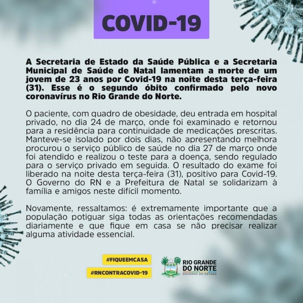 CONFIRMADO: Jovem de 23 anos é o segundo óbito de COVID-19 no RN