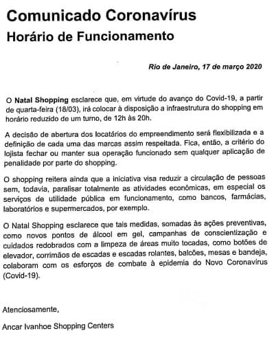 Por prevenção ao coronavírus, shopping centers em Natal reduzem horário de funcionamento