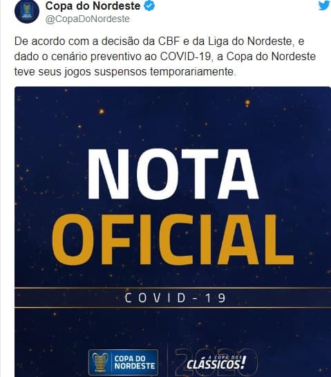 Novo coronavírus: paralisação da Copa do Nordeste é formalizada por Liga que organiza o torneio