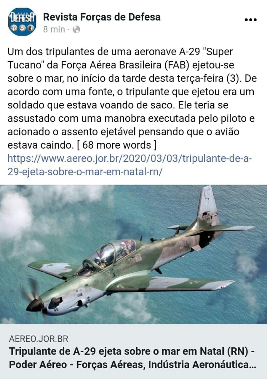 Nota do Comando da Aeronáutica sobre o incidente com o A-29 em Natal (RN)