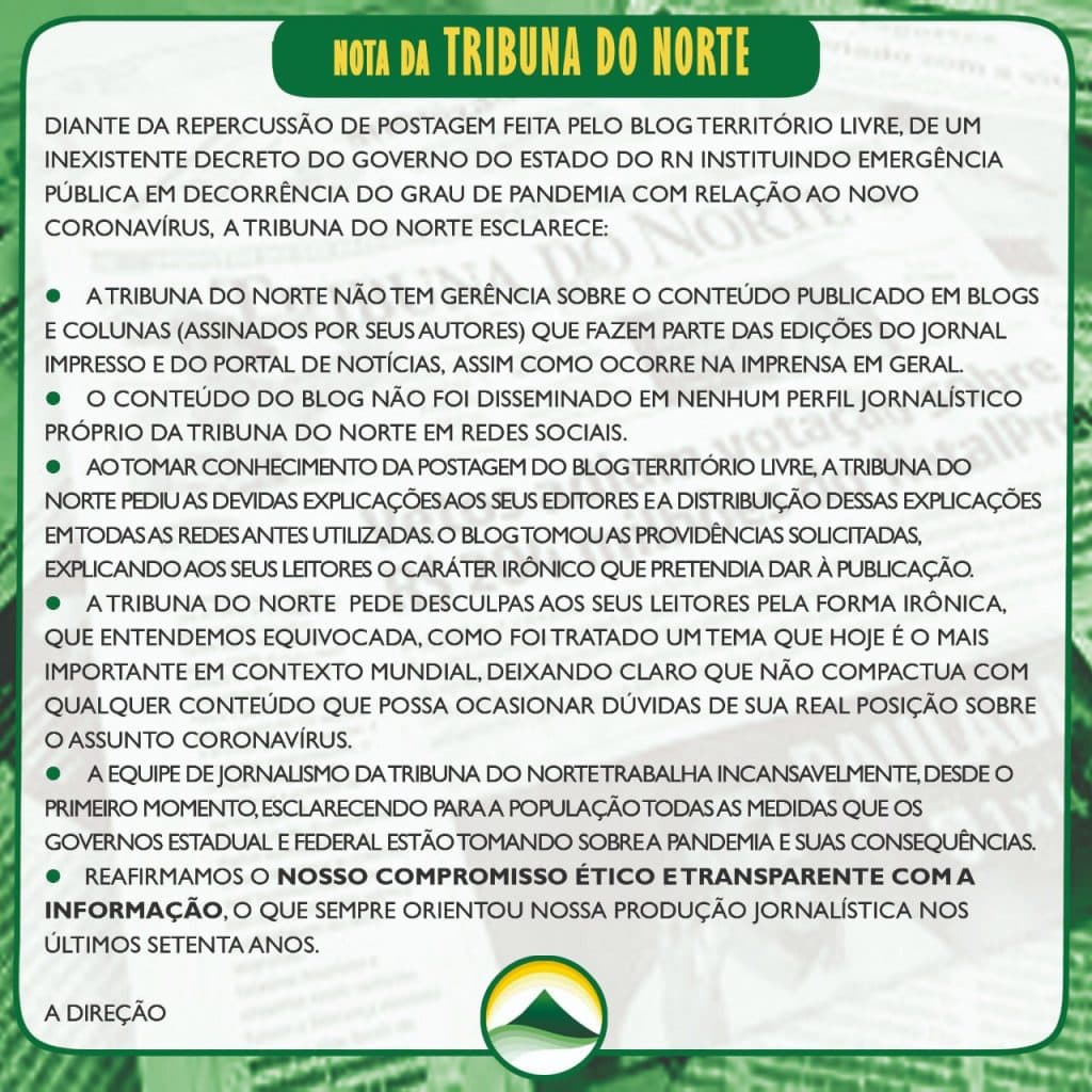 Tribuna do Norte se desculpa por falso decreto postado por blog de forma "irônica"