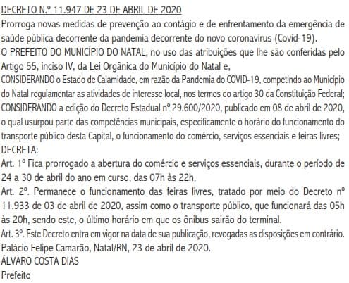 Novo Decreto da Prefeitura do Natal prorroga medidas de proteção ao Covid-19; confira publicação do Diário Oficial do Município