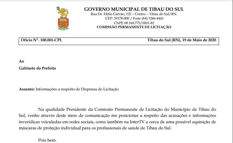 Empresa que forneceu EPIs para Prefeitura de Tibau do Sul solta nota reconhecendo erro na entrega dos produtos