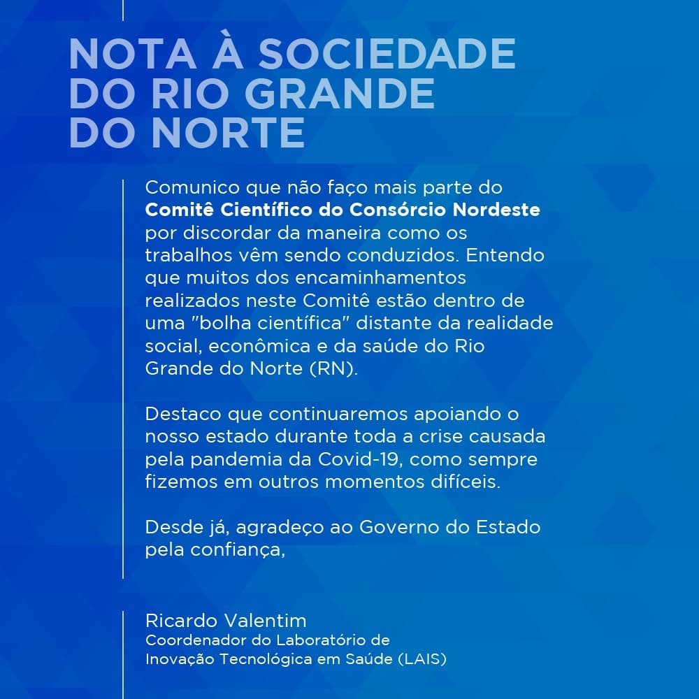 CRISE NO CONSÓRCIO NORDESTE: Ricardo Valentim sai por não concordar com "bolha científica" fora da realidade potiguar