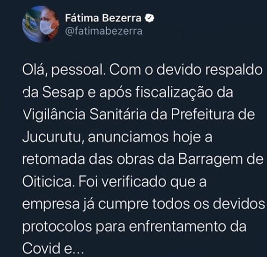 Fátima anuncia retomada das obras da Barragem de Oiticica