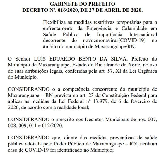 Município de Maxaranguape, no litoral norte potiguar, libera bares, restaurantes, e até passeios de buggy; veja decreto que cita multas por descumprimento de medidas de prevenção