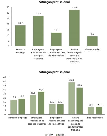 PESQUISA NO RN - SITUAÇÃO PROFISSIONAL: 32,6% estavam desempregado(ou não trabalham) antes da pandemia; 27,3% estão empregados; 18,7% perderam o emprego e 12,2% estão empregados em home office