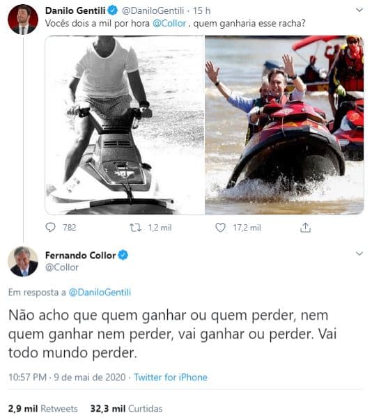 Collor cita frase de Dilma para fazer piada sobre racha de jet ski com Bolsonaro