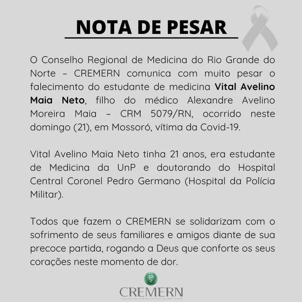 CREMERN emite nota lamentando óbito de estudante de medicina filho de médico por Covid