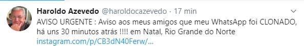 Whatsapp do empresário Haroldo Azevedo é clonado