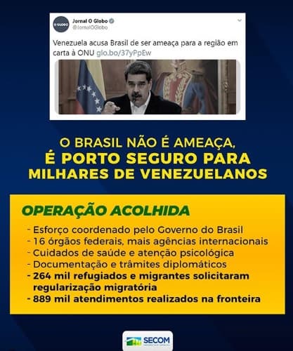 "Brasil não é ameaça, é porto seguro para milhares de venezuelanos", rebate Governo em nota sobre acusação de Maduro