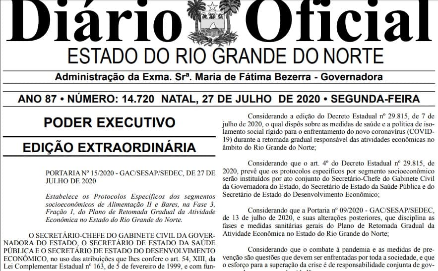 Bares e restaurantes no RN poderão vender bebidas alcoólicas a partir de 05 de agosto, informa portaria no Diário Oficial