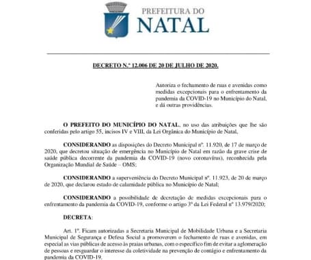 Após antecipar flexibilização e comércio, prefeito de Natal volta atrás e ameaça fechar ruas e praias; veja Edição Extra do Diário Oficial