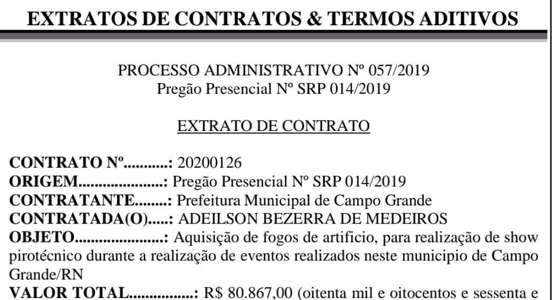 Com pandemia e proibição de fogos de artifício, prefeitura de Campo Grande-RN assina contrato de mais de R$ 80 mil para shows pirotécnicos e eventos no município