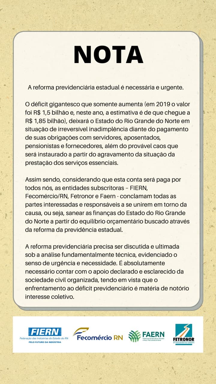 A reforma previdenciária estadual é necessária e urgente, diz Fecomércio-RN em nota