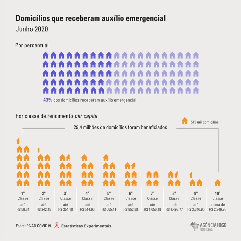 Auxílio emergencial beneficiou quase 50% da população, diz IBGE