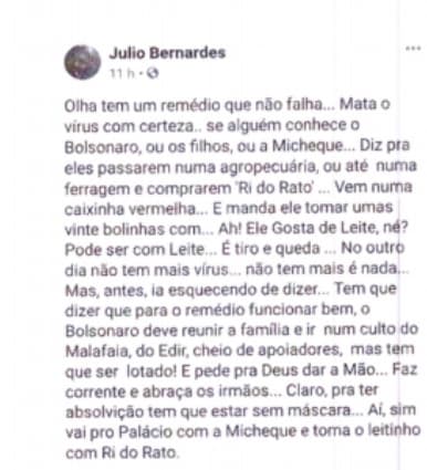 Deputado pede que PGR investigue professor que sugeriu raticida para Bolsonaro e seus familiares