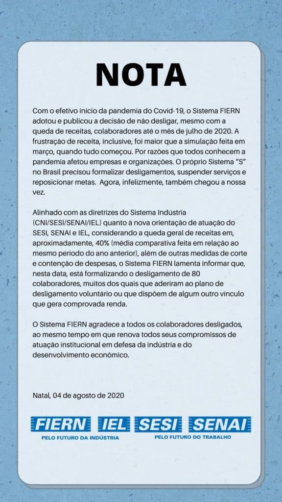 Sistema Fiern alega crise pela Covid-19 e demite 80 colaboradores
