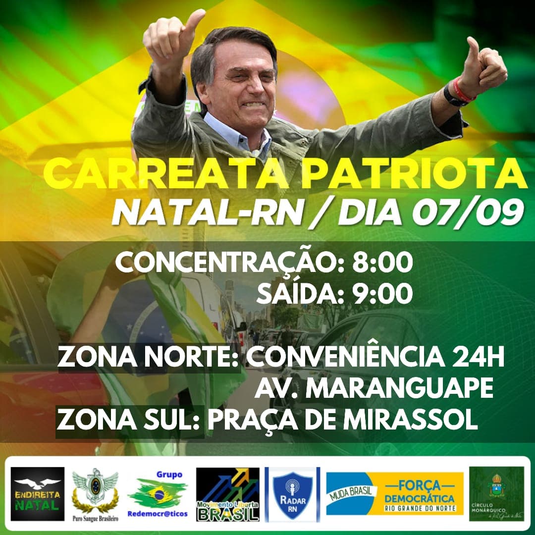 Carreata patriota será realizada em Natal nesta segunda, feriado de 7 de setembro
