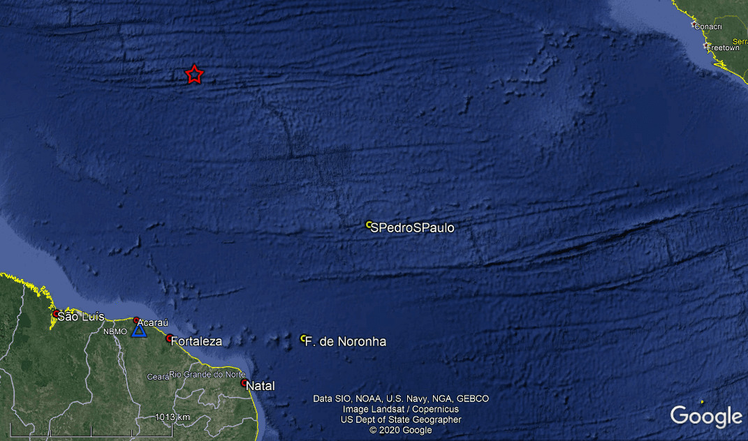Sismógrafos registram novo tremor na dorsal meso-oceânica, de magnitude 5.7, a 1.540 km de Natal