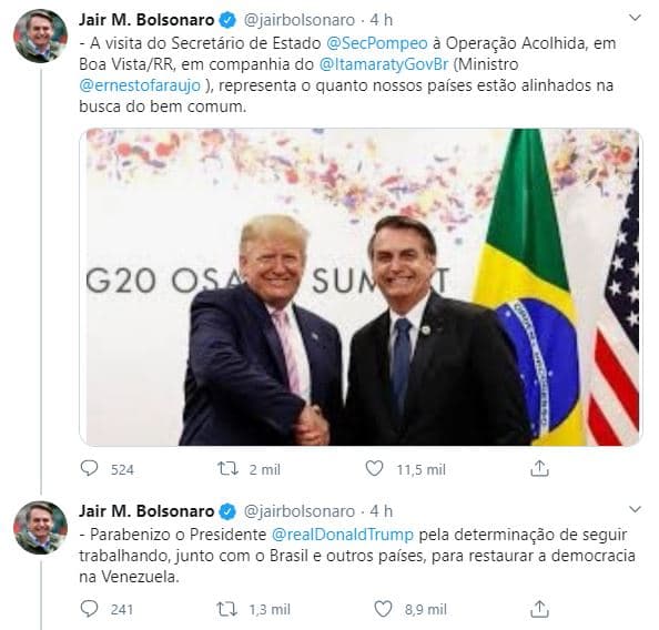 Brasil e EUA estão trabalhando para ‘restaurar democracia na Venezuela', diz Bolsonaro