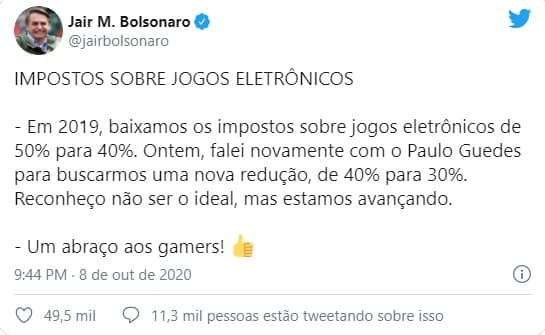 Bolsonaro diz que, após ‘molecada chiar', vai reduzir mais uma vez imposto sobre games