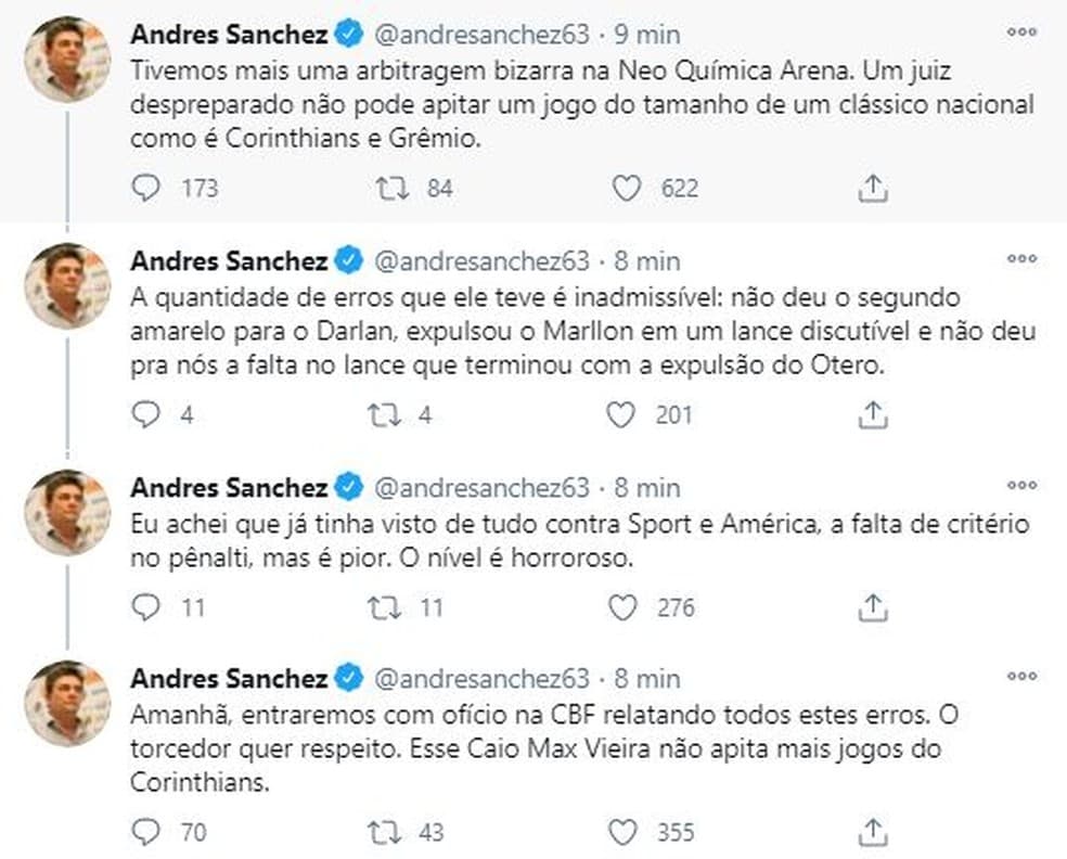 Andrés Sanchez detona arbitragem de potiguar em partida contra o Grêmio: "Não apita mais jogos do Corinthians"