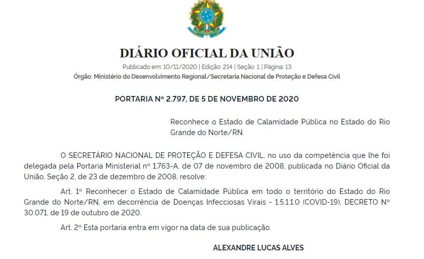 Governo Federal prorroga calamidade pública no RN em decorrência da covid