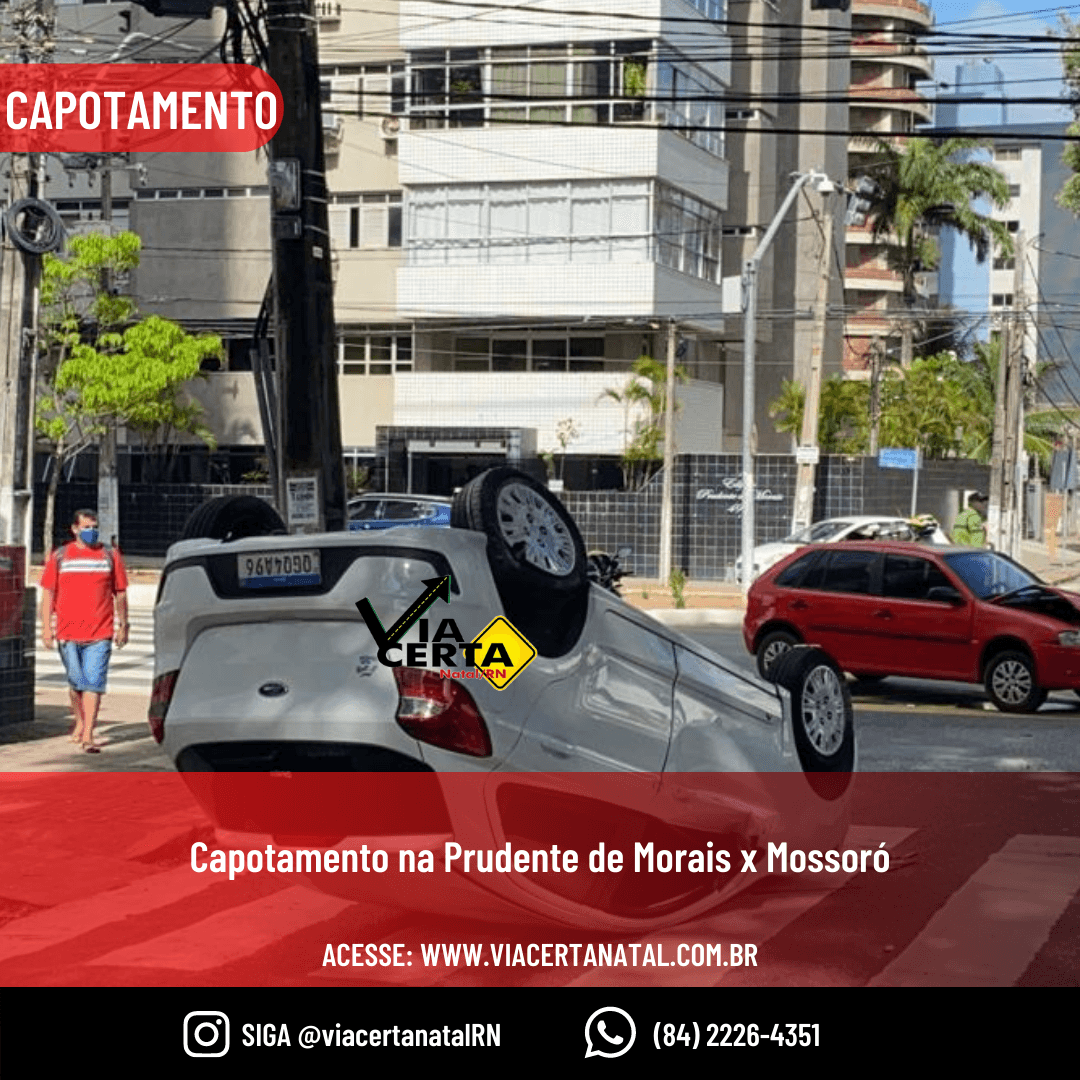 FOTO: Colisão entre dois carros acaba em capotamento em trecho da Av. Prudente de Morais com a rua Mossoró, em Natal