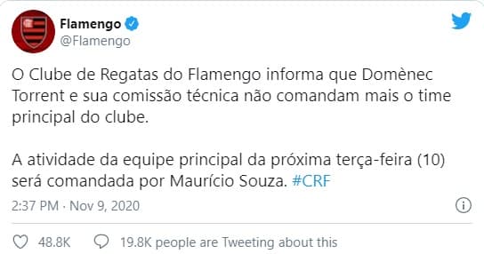 Após goleadas sofridas no Brasileiro, Flamengo decide pela saída de Domènec Torrent