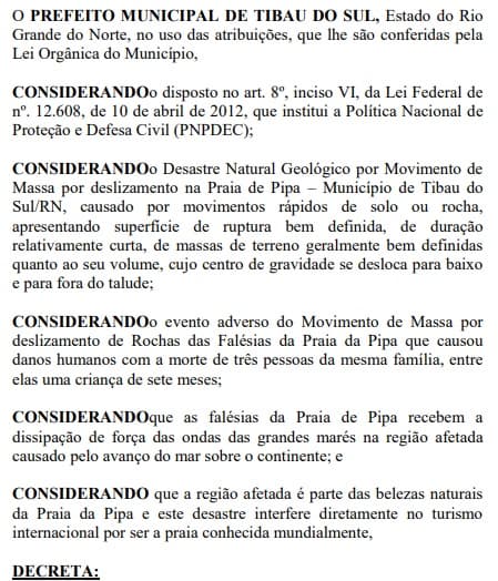 Tibau do Sul decreta situação de emergência após desabamento de falésia sobre família na praia da Pipa