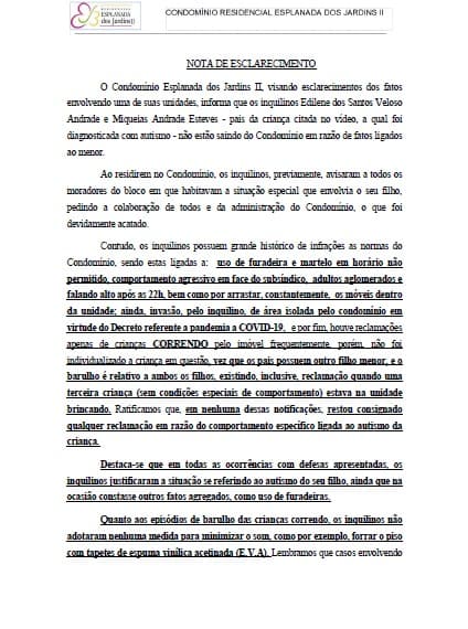 Condomínio publica nota de esclarecimento e diz que família que tem filho com autismo não está deixando moradia por esse motivo