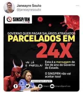 FOTO: Dirigente sindical diz que Fátima "é aconselhada pelo demônio" e quer parcelar salários atrasados em 24x